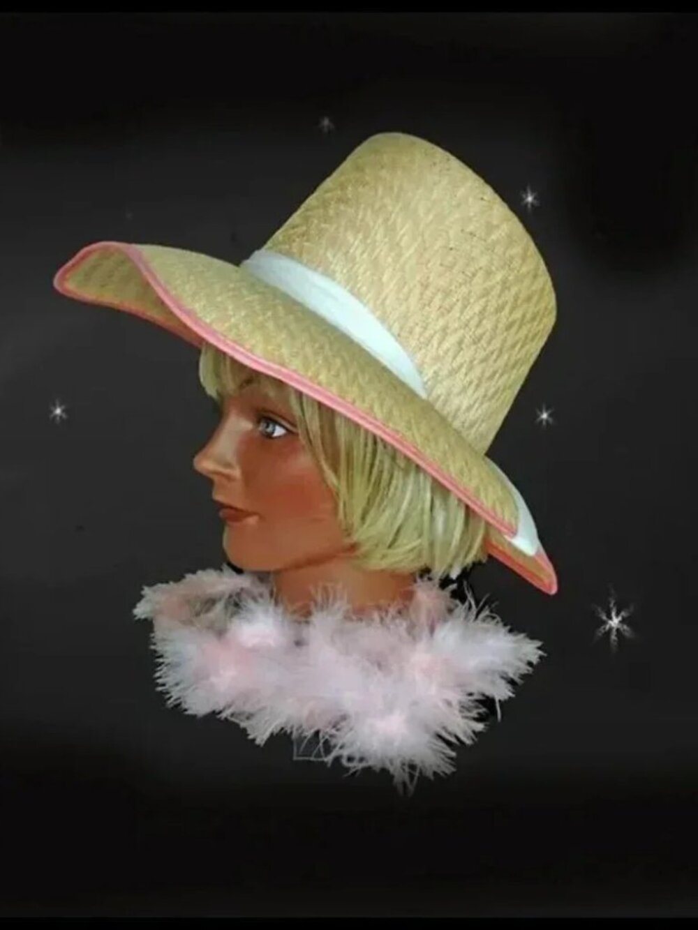 Vintage PINK Sun Hat + HATBOX Big Brim With Chin Tie Cottagecore Prairie Chic - Picture 3 of 10